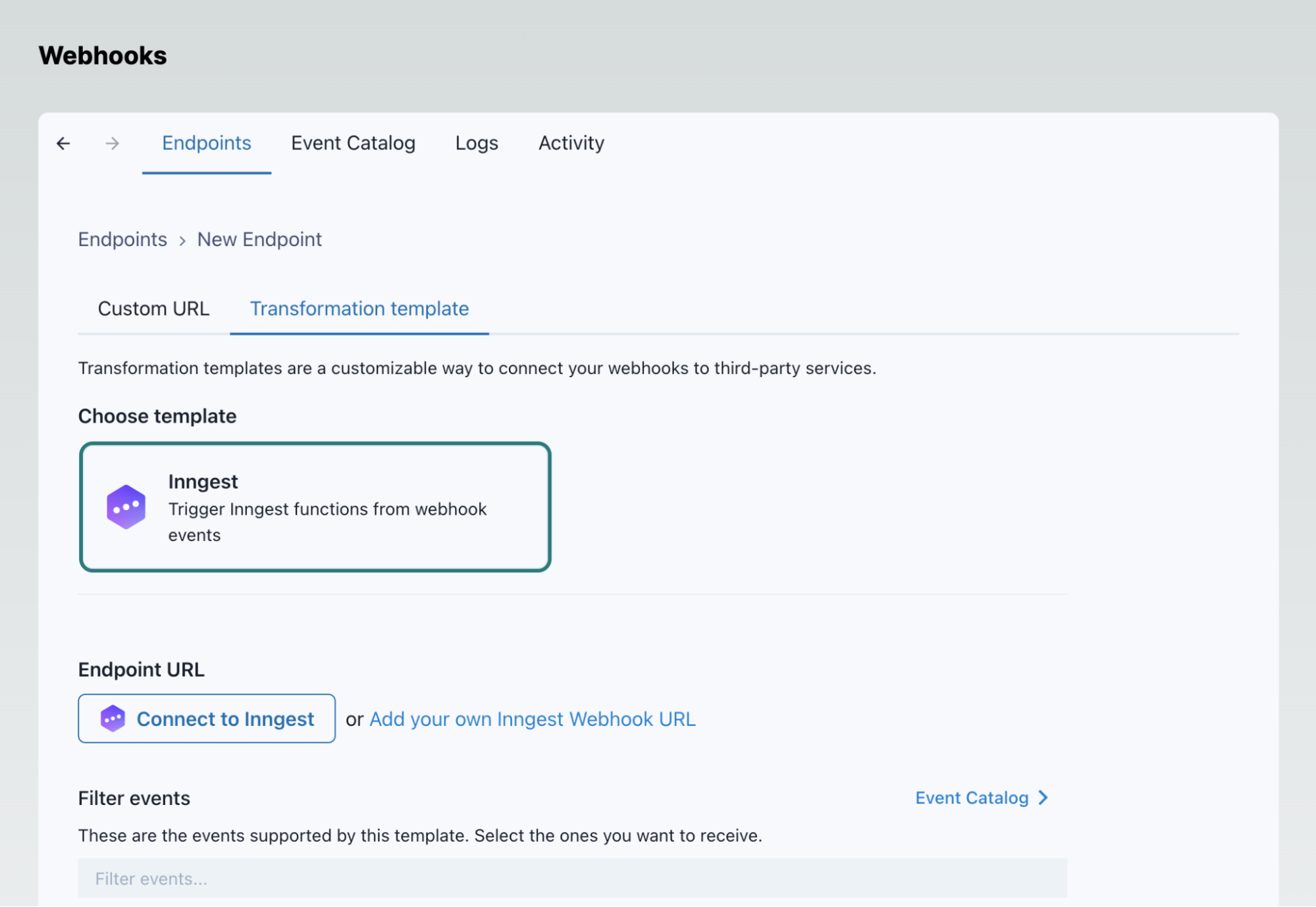 The Svix app embedded portal dashboard showing the Inngest transformation template